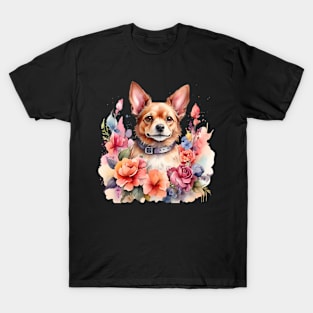 A pinscher decorated with beautiful watercolor flowers T-Shirt